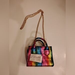 VEGAN Multicolor RAINBOW 🌈 Chick Mini Purse Bag Handles & Golden Chain Zipper